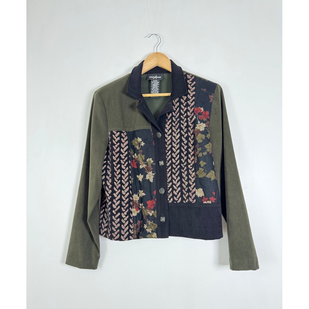 Boho Art to Wear Positive Attitude Womens L Patchwork Jacket Olive Green Floral